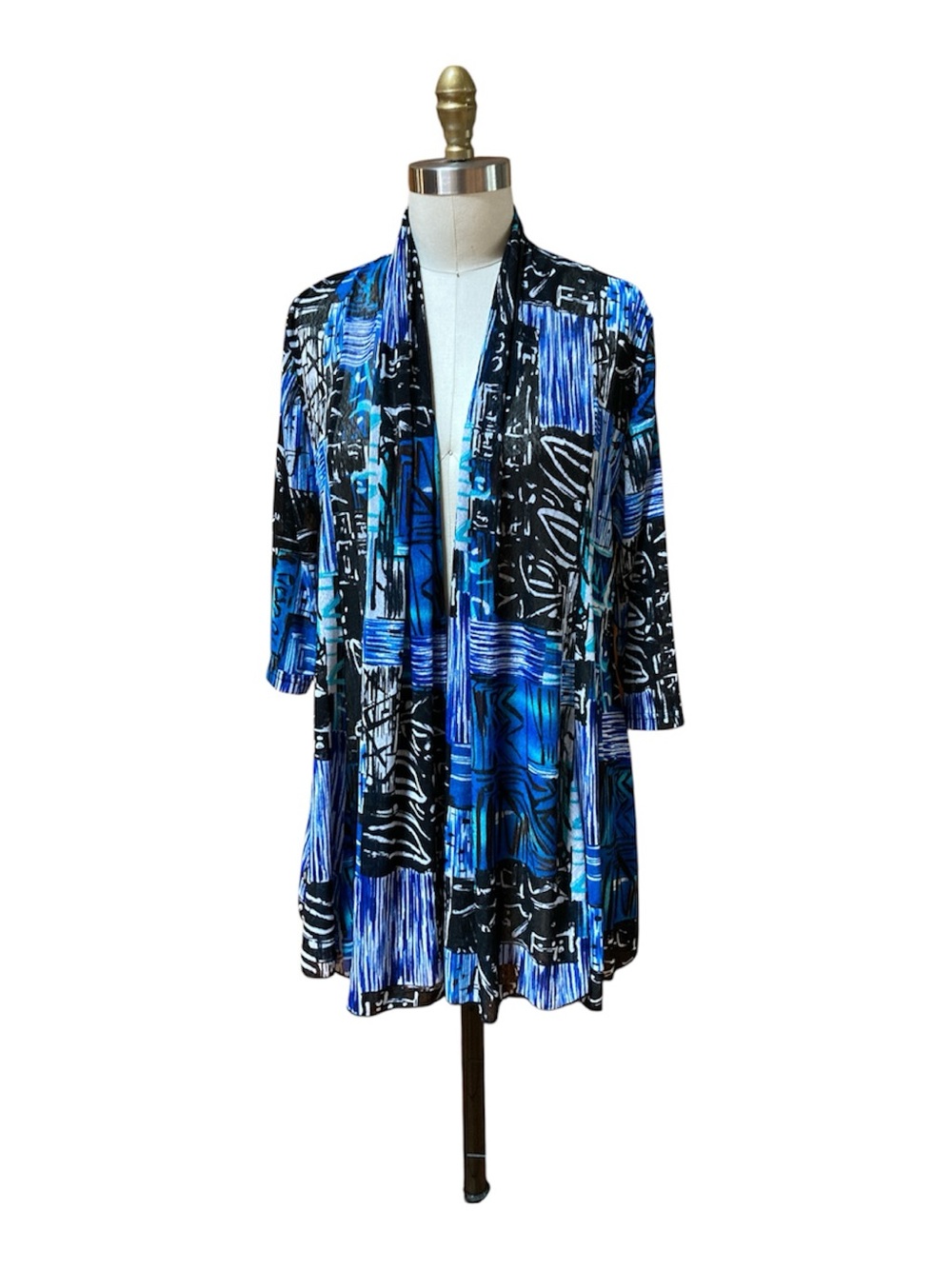 Blue Abstract Patterned Open-Front Women's Cardigan, Sz L